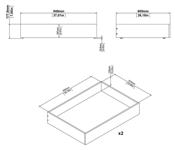 Bílé šuplíky pod postel v sadě 2 ks 90x190/140x190 cm Naia – Tvilum