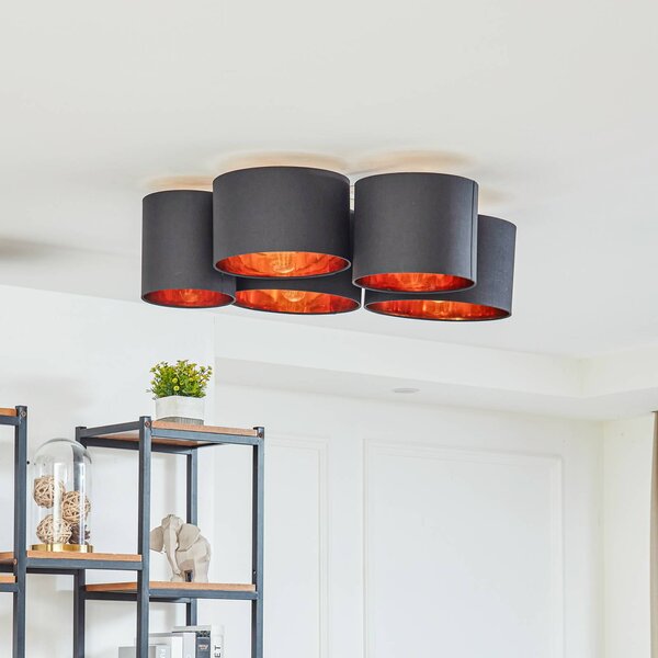 Lindby Stropní světlo Laurenz, 5ramenné, černé/zlaté, textilní, stmívatelný, Černá, Obývací pokoj / jídelna, Textil / tkanina / hedvábí, Moderní