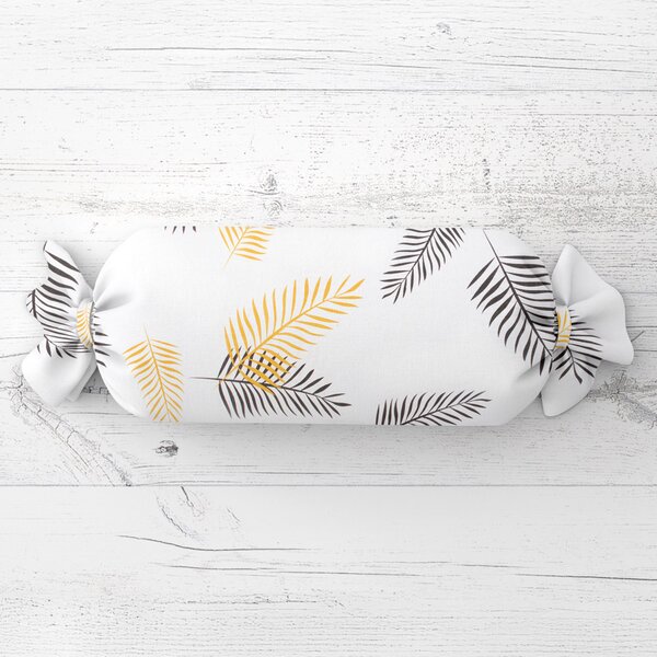 Biante Polštář válec bonbon Sandra SA-219 Zlaté a černé palmové listy na bílém 15x40 cm