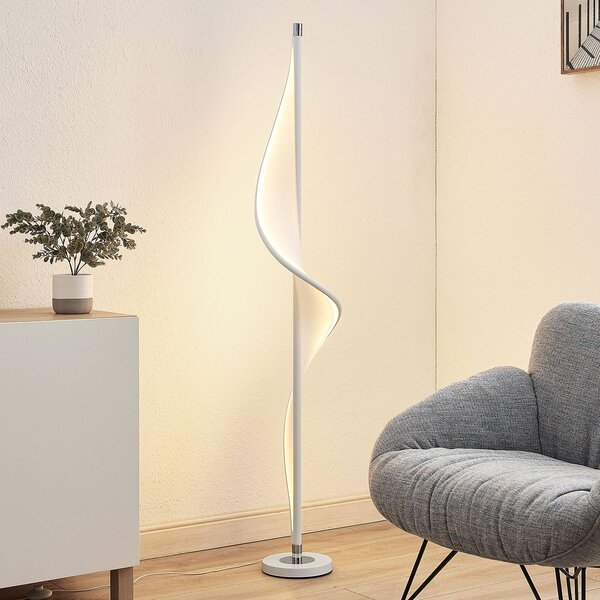 Lucande Stojací lampa LED Edano, 154 cm, bílá, textilní, stmívatelná, stmívatelný, Bílá / opál, Obývací pokoj / jídelna, Textil / tkanina / hedvábí, Moderní