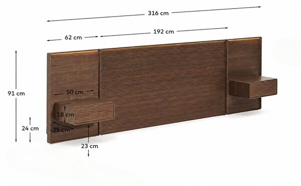 Kave Home Ořechové čelo k posteli Norlen 180 x 200 cm s nočními stolky