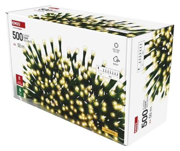 EMOS LED vánoční řetěz, 50 m, venkovní i vnitřní, teplá bílá, programy, časovač