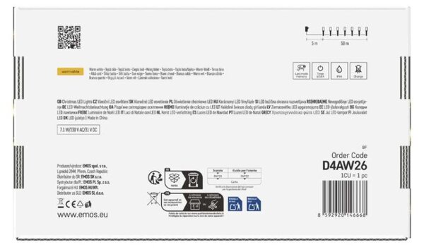 EMOS LED vánoční řetěz, 50 m, venkovní i vnitřní, teplá bílá, programy, časovač