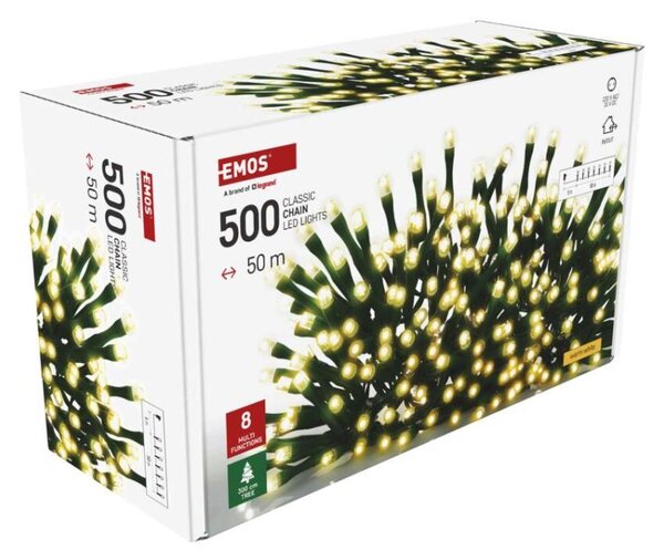 EMOS LED vánoční řetěz, 50 m, venkovní i vnitřní, teplá bílá, programy, časovač