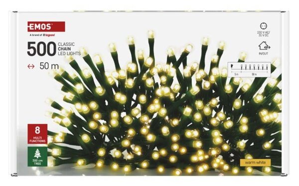 EMOS LED vánoční řetěz, 50 m, venkovní i vnitřní, teplá bílá, programy, časovač