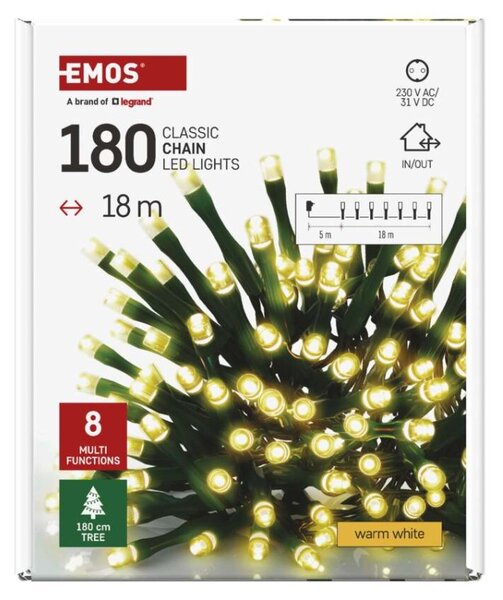 EMOS LED vánoční řetěz, 18 m, venkovní i vnitřní, teplá bílá, programy, časovač