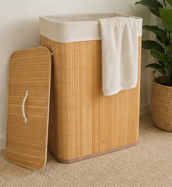 Koš na prádlo, 40 l, bambus/látka, 50x40x20 cm, přírodní/krémová, Dekorino KP20260001