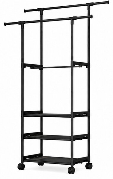 Věšák, stojan na oblečení, 2 tyče, police, kolečka, kov/plast, 138/164x95x35 cm, černá, Dekorino TK20260045
