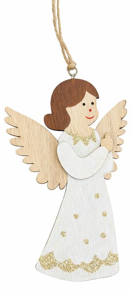 Vánoční dřevěný závěsný anděl se zlatými třpytkami, 14,5 × 10 cm 3001145