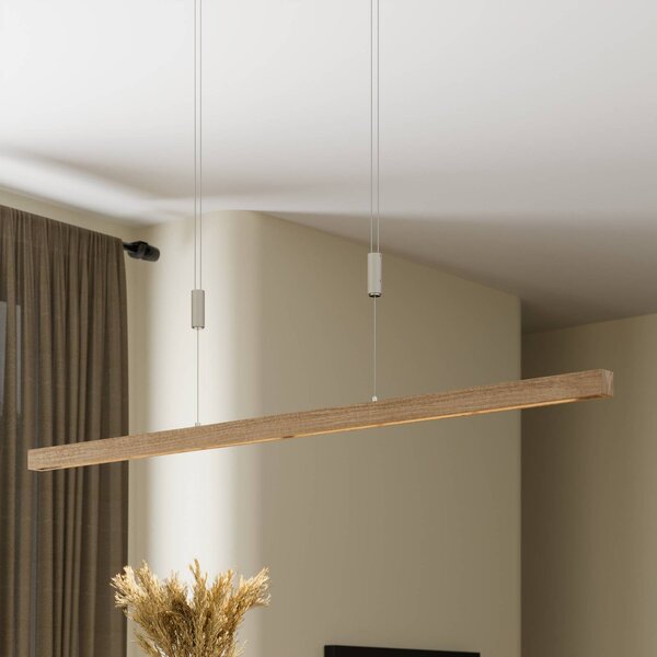 Quitani LED závěsné světlo Nora, dub přírodní, délka 118 cm, stmívatelný, Světlé dřevo, Obývací pokoj / jídelna, Dřevo, Moderní