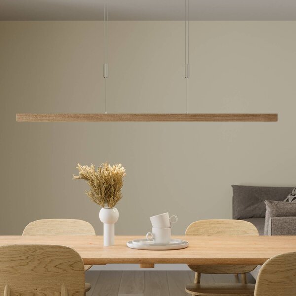 Quitani LED závěsné světlo Nora, dub přírodní, délka 118 cm, stmívatelný, Světlé dřevo, Obývací pokoj / jídelna, Dřevo, Moderní