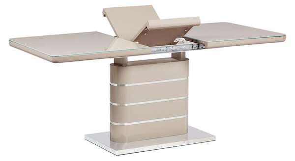 Jídelní stůl HT-442 CAP 140+40x80 cm, vysoký lesk a sklo cappuccino/nerez