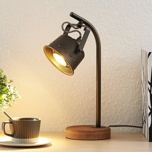 Lindby Stolní lampa Rubinjo, 37 cm, černá, dřevo, kov, GU10, Tmavé dřevo, Obývací pokoj / jídelna, kov, Vintage, Stolní lampa