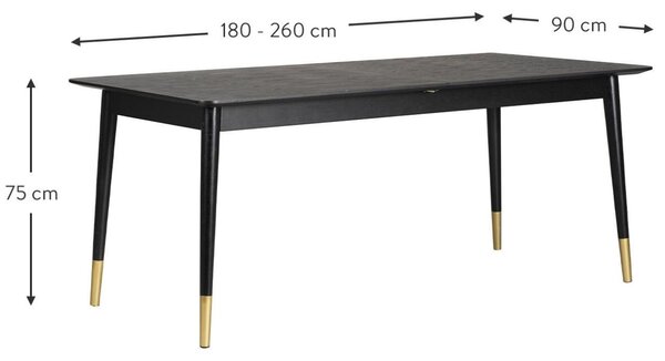 Černý jasanový rozkládací jídelní stůl ROWICO FENWOOD 180-220-260 x 90 cm