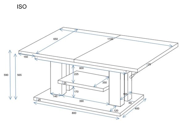 Konferenční stolek rozkládací a zvedací ISO 65x110/170 - bílý lesk