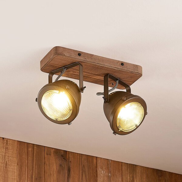 Lindby Stropní reflektor Farovi, černý, 27 cm, 2 světla, GU10, stmívatelný, Černá, Obývací pokoj / jídelna, Dřevo, Industriální design