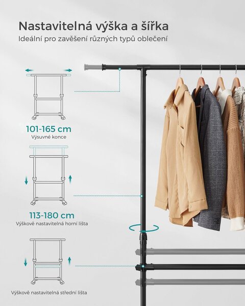 Stojan na oblečení dvoustupňový JASON 101-165x49x113-180cm, černá SongmicsHome