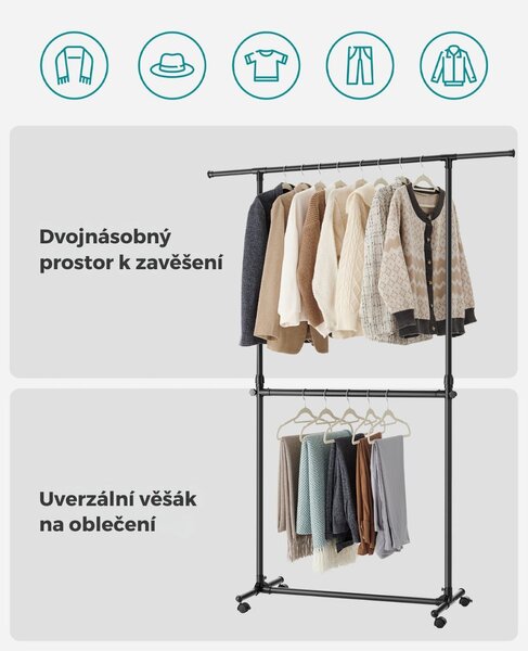 Stojan na oblečení dvoustupňový JASON 101-165x49x113-180cm, černá SongmicsHome