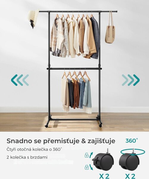 Stojan na oblečení dvoustupňový JASON 101-165x49x113-180cm, černá SongmicsHome