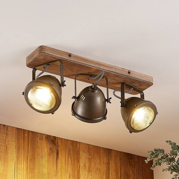 Lindby Stropní bod Farovi, černý, 44 cm, 3 světla, dřevo, GU10, stmívatelný, Černá, Obývací pokoj / jídelna, Dřevo, Industriální design
