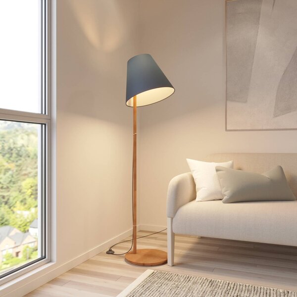 Lucande Stojací lampa Jinda, modrá, dřevo, látka, 160 cm, E27, Modrá, Obývací pokoj / jídelna, Textil / tkanina / hedvábí, Skandinávský