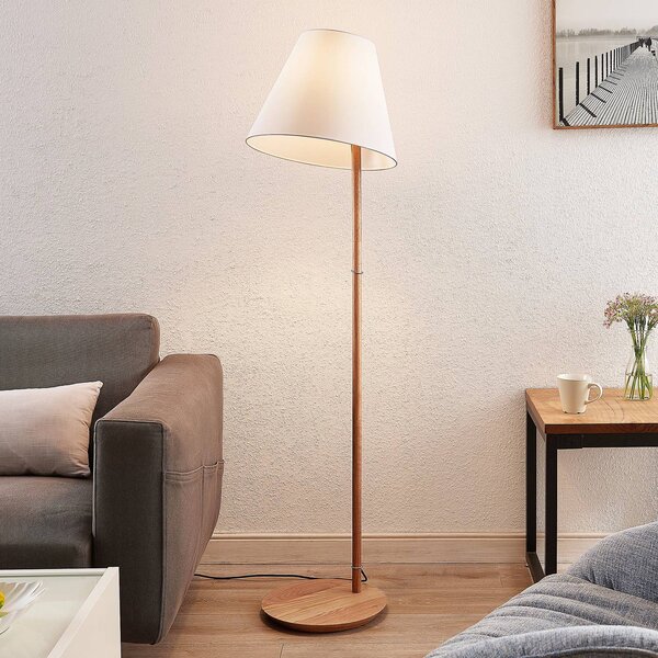 Lucande Stojací lampa Jinda, bílá, dřevo, látka, 160 cm, E27, Bílá / opál, Obývací pokoj / jídelna, Textil / tkanina / hedvábí, Skandinávský