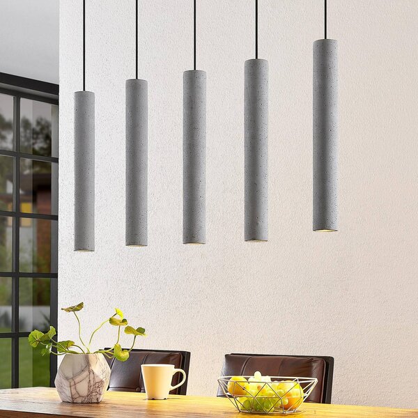 Lindby Závěsné svítidlo Concretto, 100 cm, šedá, 5 světel, beton, stmívatelný, Hliník / šedá / zinek, Obývací pokoj / jídelna, Beton, Moderní