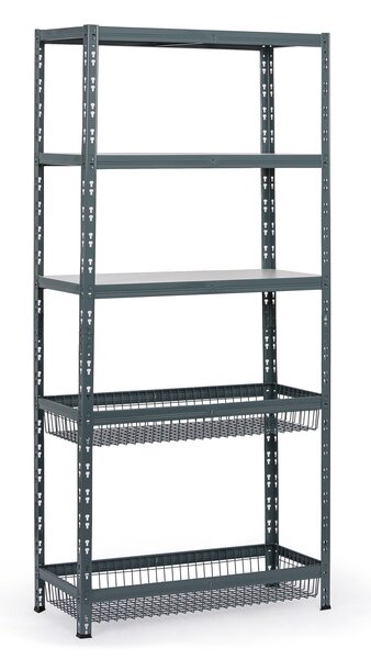 Policový regál s koši, 1954 x 900 x 400 mm, nosnost 175 kg, 3 police + 2 koše