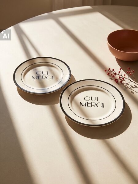 Sinsay - Keramické talíře s nápisem Oui Merci 2 pack - vícebarevná