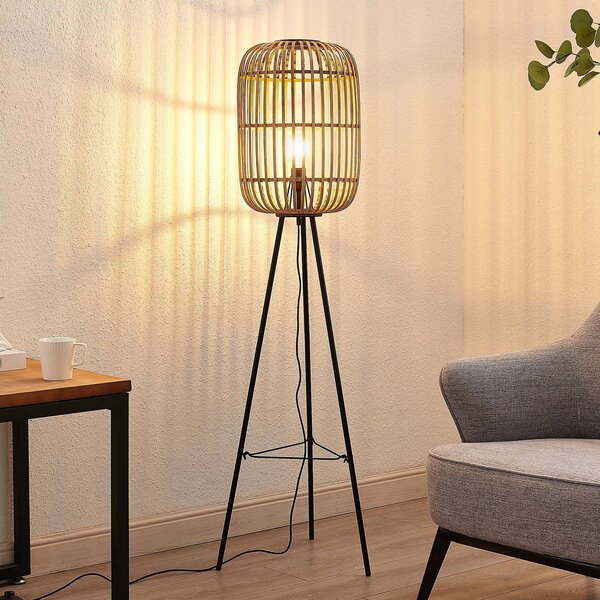 Lindby Stojací lampa Canyana, 139 cm, přírodní, ratan, trojnožka, Světlé dřevo, Obývací pokoj / jídelna, Dřevo, Venkovský / rustikální, Lampa trojnožka