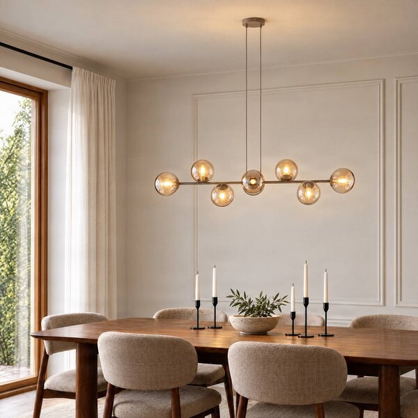 EMIBIG LIGHTING Závěsné světlo Rossi, béžové, délka 130 cm, 8ramenné, sklo/kov, stmívatelný, Krémová / jantar, Obývací pokoj / jídelna, Sklo, Moderní, Koule