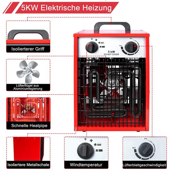 Ventilátorový ohřívač – Elektrické topení – Výkon 5 kW – Červená barva