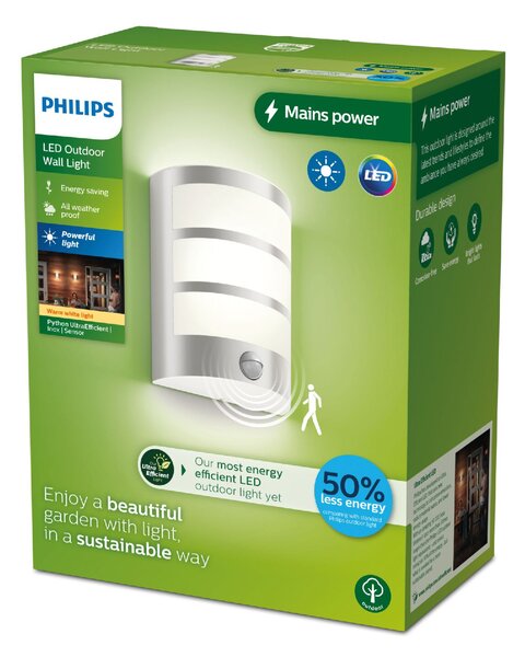 Python UltraEfficient venkovní nástěnné svítidlo se senzorem LED 3,8W 800lm 2700K IP44, nerezové