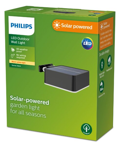 Vynce solární venkovní nástěnné LED svítidlo 1,5W 200lm 2700K IP44, černé SKL000455205