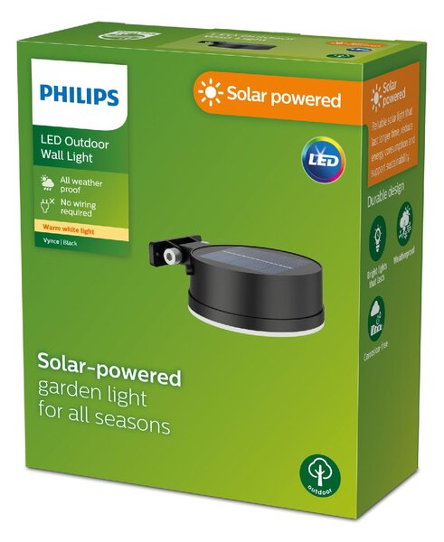Vynce solární venkovní nástěnné LED svítidlo 1,5W 200lm 2700K IP44, černé