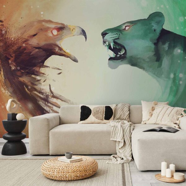 Fototapeta Zvířecí souboj - abstrakce nebezpečného orla a modré lvice