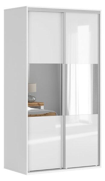 FLEX šatní skříň 120/10, bílá/bílý lesk/zrcadlo