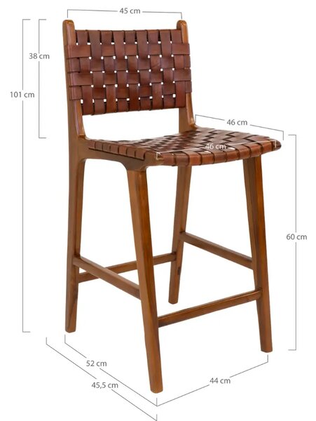 Nordic Living Hnědá kožená barová židle Molie s výpletem 60 cm
