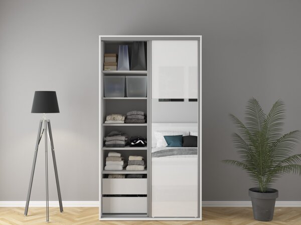 FLEX šatní skříň 120/10, bílá/bílý lesk/zrcadlo