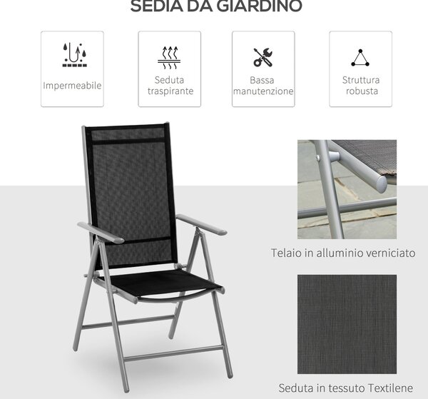 Skládací zahradní židle Outsunny z hliníku a textilenu s 7 nastavitelnými úrovněmi, černá 65x55x85-105cm | Aosom