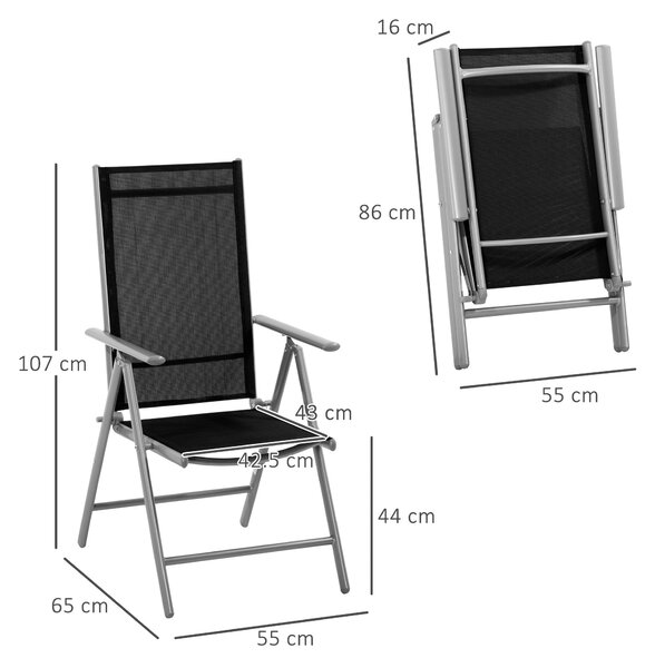 Skládací zahradní židle Outsunny z hliníku a textilenu s 7 nastavitelnými úrovněmi, černá 65x55x85-105cm | Aosom