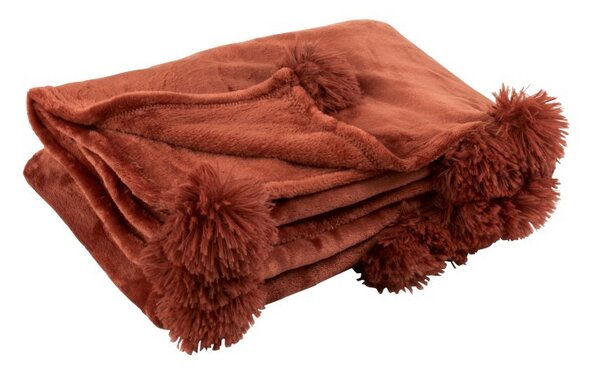 Plyšový marsala pléd s bambulemi Pompom - 130*170*1 cm - J-Line by Jolipa