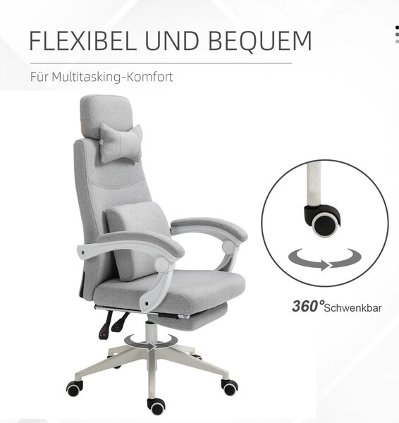 Vinsetto Kancelářská židle, Ergonomická židle s opěrkou hlavy, Bederní polštář, Výškově nastavitelná herní židle s podnožkou, Vysoký opěrák, Šedá 62 x