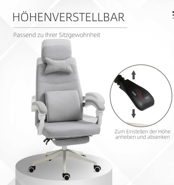 Vinsetto Kancelářská židle, Ergonomická židle s opěrkou hlavy, Bederní polštář, Výškově nastavitelná herní židle s podnožkou, Vysoký opěrák, Šedá 62 x