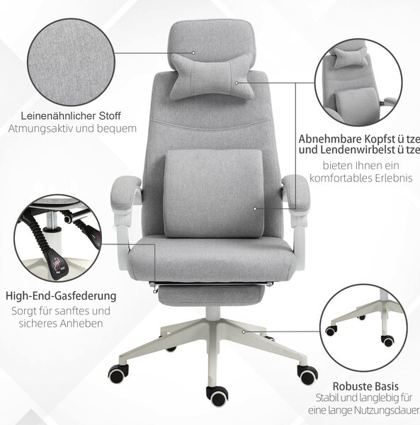 Vinsetto Kancelářská židle, Ergonomická židle s opěrkou hlavy, Bederní polštář, Výškově nastavitelná herní židle s podnožkou, Vysoký opěrák, Šedá 62 x