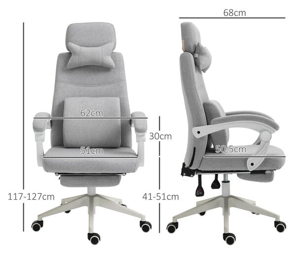 Vinsetto Kancelářská židle, Ergonomická židle s opěrkou hlavy, Bederní polštář, Výškově nastavitelná herní židle s podnožkou, Vysoký opěrák, Šedá 62 x
