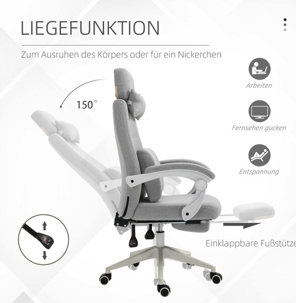 Vinsetto Kancelářská židle, Ergonomická židle s opěrkou hlavy, Bederní polštář, Výškově nastavitelná herní židle s podnožkou, Vysoký opěrák, Šedá 62 x