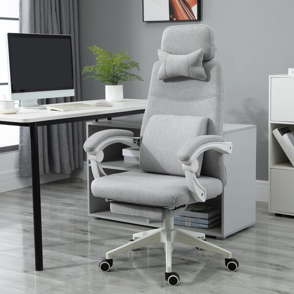 Vinsetto Kancelářská židle, Ergonomická židle s opěrkou hlavy, Bederní polštář, Výškově nastavitelná herní židle s podnožkou, Vysoký opěrák, Šedá 62 x