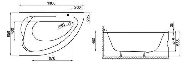 Polimat Akrylátová asymetrická vana Standard 130x85 L(R) AS Barva: Bílá, Orientace: Pravá