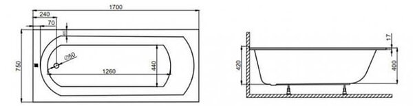 Polimat Akrylátová obdélníková vana Classic 120x70 (130x70, 140x70, 150x70, 150x75, 160x70, 170x70, 170x75, 180x80) Barva: Bílá, Rozměry (cm): 120x70
